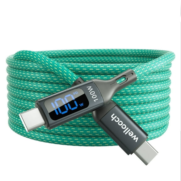 Wellooch 100W USB-C to USB-C Cable with LED Digital Display, 6ft, Cyan - Fast Charging Cord