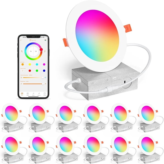 Smart Recessed Lighting 4 Inch RGBCW Color Changing 12W LED Downlight with Junction Box,1080 Ln Recessed Ceiling Light Compatible with Alexa,Dimmable by Bluetooth Control -12Pack