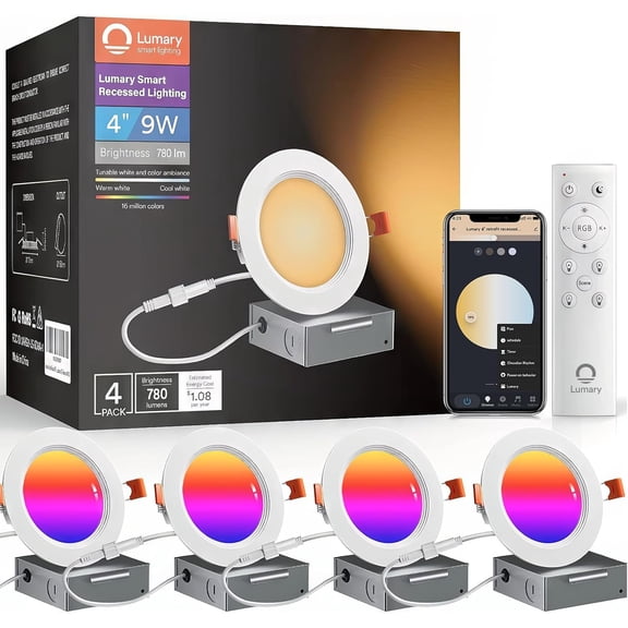 Smart Recessed Lighting 4 Inch with Remtote, Compatible with Alexa/Google, Canless WiFi Led Wafer Recessed Lights, RGBWW Ceiling Downlight with J-Box and Metal Anti-Glare Baffle Trim, 4PACK