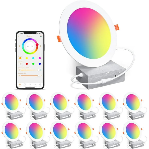 Smart Recessed Lighting 6 Inch Color Changing 16W LED Downlight,1350 Lumen Recessed Ceiling Light Dimmable RGBCW Canless Downlight Work with Alexa Voice Control &  Bluetooth Control -12Pack