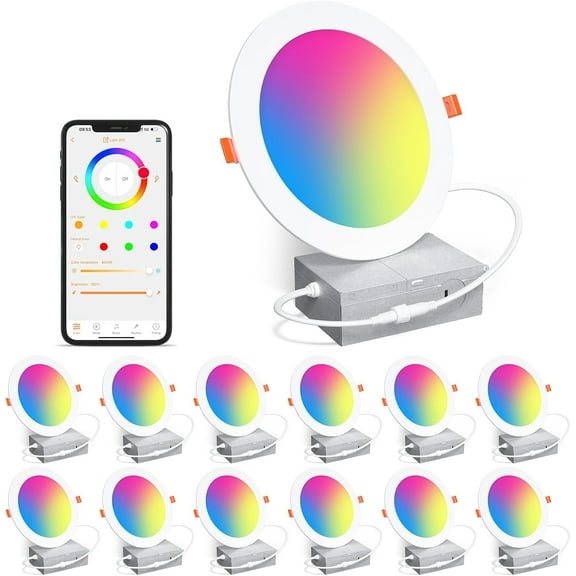 Smart Recessed Lighting 6 Inch Color Changing 16W LED Downlight,1350 Lumen Recessed Ceiling Light Dimmable RGBCW Canless Downlight Work with Alexa Voice Control & Bluetooth Control -12Pack