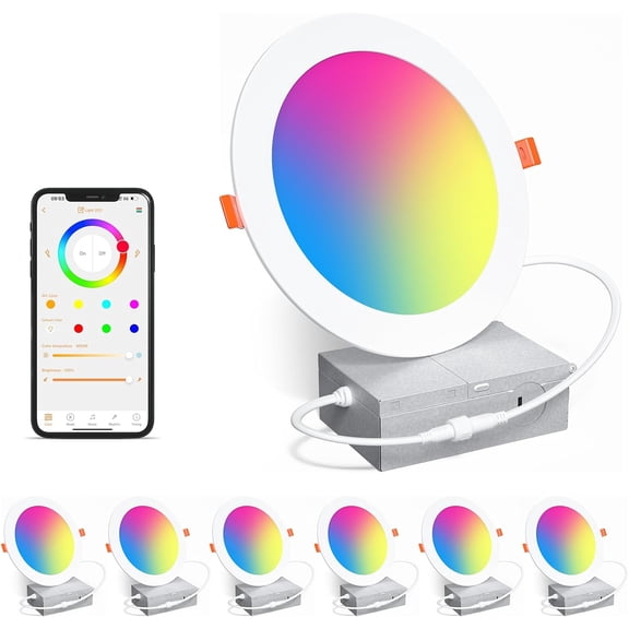 Smart Recessed Lighting 6 Inch RGBCW Color Changing 16W LED Downlight with Junction Box,1350 Lumen Recessed Ceiling Light Compatible with Alexa,Dimmable by Bluetooth Control -6Pack