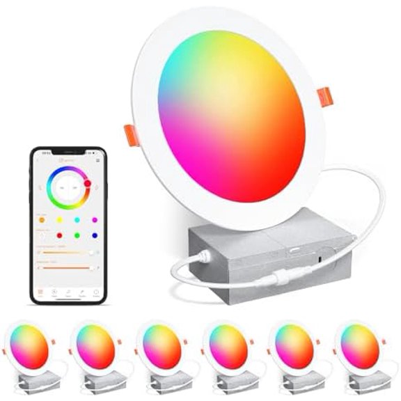 Smart Recessed Lighting 6 Inch RGBCW Color Changing 16W LED Recessed Ceiling Light with Junction Box,1350LM Canless LED Downlight Compatible with Alexa,Dimmable by Bluetooth Control,6 Pack