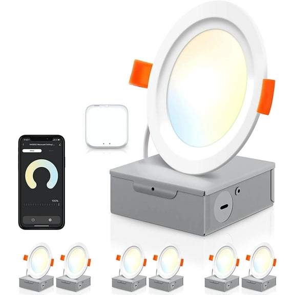 Smart Recessed Lighting, 6 Pack 4 Inch LED BT Recessed Lights with J-Box, 10W 800LM Canless Recessed Light Fixtures, 2700K-6500K Dimmable Soft Cool White Downlight with Group/APP/Schedule Control