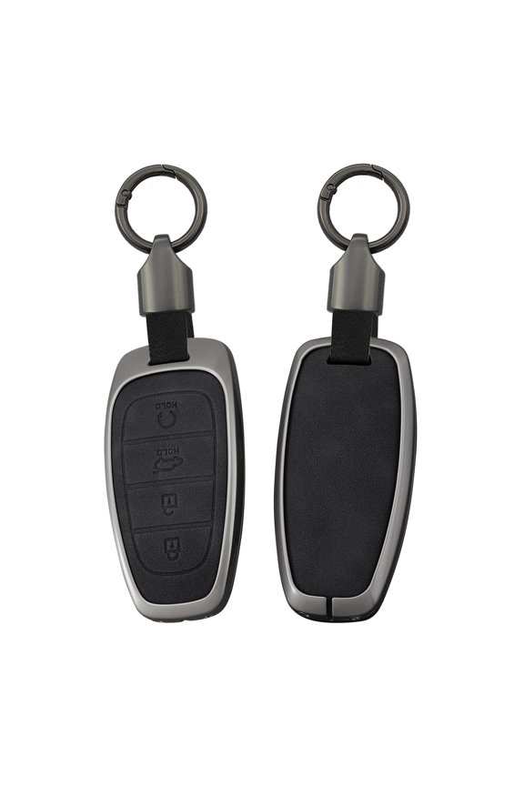 Smart Remote Car Key Cover Fit for Hyundai Tucson 2020-up 4-Button Key Skin with Keychain for Solaris Sonata Hybrid Nexo NX4 Santa Fe,Sturdy Metal and Leather Key Fob Housing(4-btn-remote start)