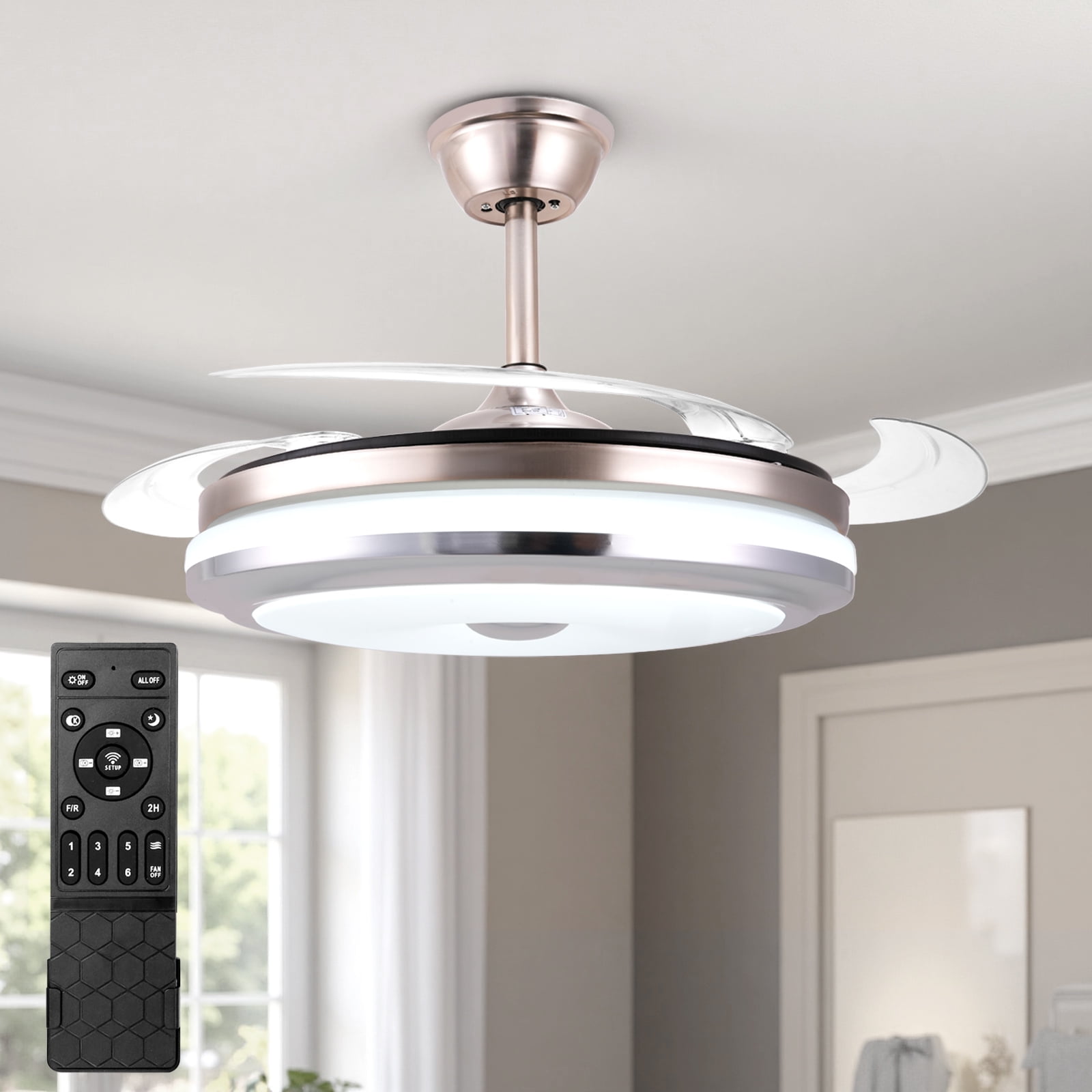 Smart Retractable Ceiling Fan with Light, 42 Inch Fandelier Remote Control, 3 Color Temperature Dimmable LED, 6 Speed Quiet Reversible DC Motor for Bedroom Living Room Kitchen