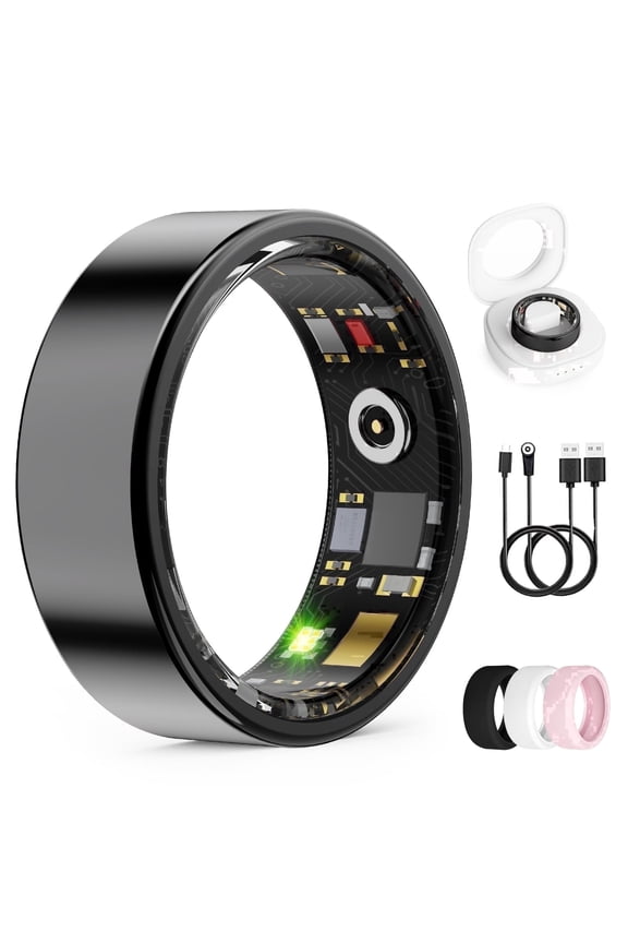 Smart Ring - Waterproof Activity Tracker with Charging Case & 3 Bonus Interchangeable Silicone Covers, 5-Day Battery, Unisex Fitness Wearable, Black, Size 10