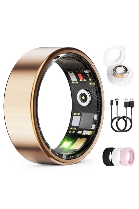 Smart Ring for Men & Women, Rose Gold Smart Ring with App Connection, IP68 Waterproof Wearable Ring, 10+ Sports Modes, Charging Case, 5-7 Day Battery Life, Size 8