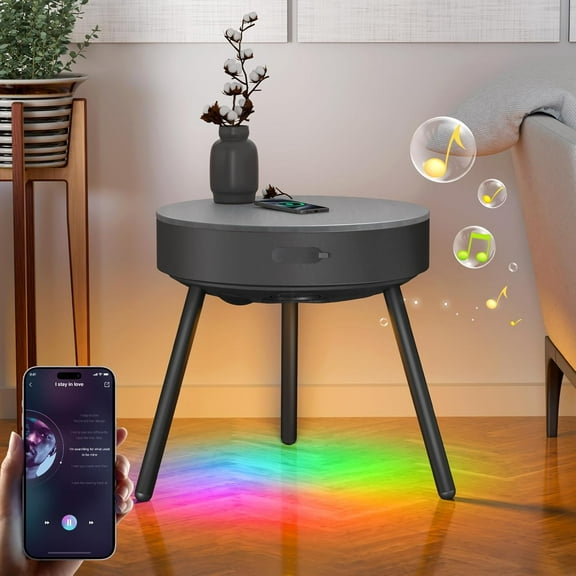 Smart Round Side Table with Charging and Smart Round Coffee Table - in Sound System, Modern Bedside Table for Nursery and Bedroom, Nightstands with Charging Station (Black)