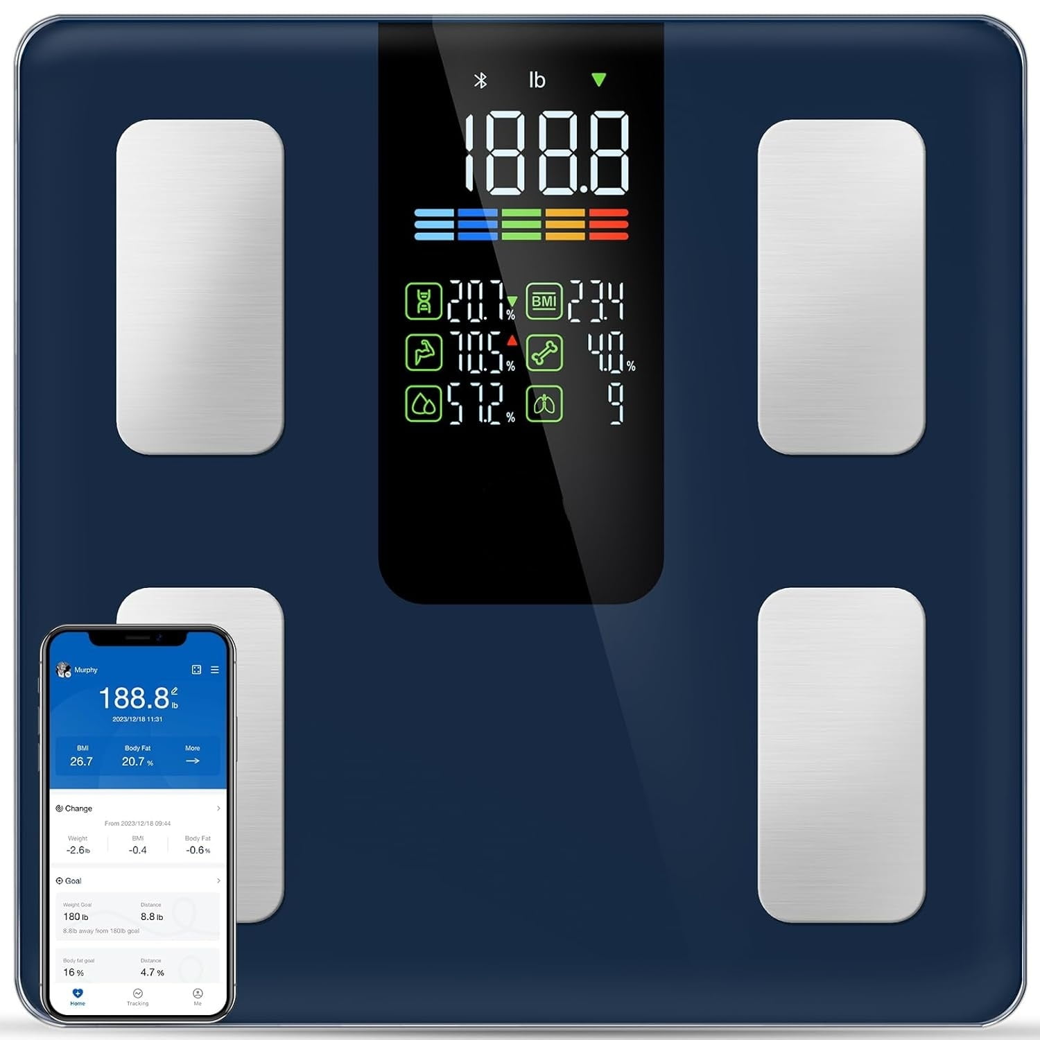 Smart Scale for Body Weight, BMI, Body Fat, Muscle Mass, Digital Bathroom Scales 500lbs for Bluetooth Weight Monitor 11.8" Large Platform Weighing Machine Health Analyzer with App, Dark Blue