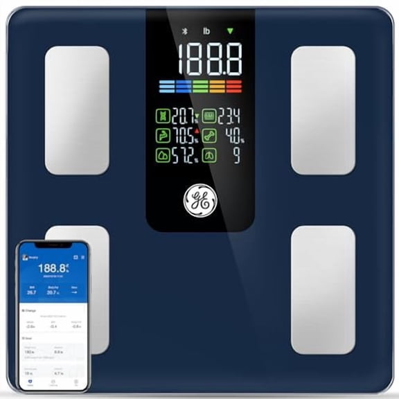 Smart Scale for Body Weight, BMI, Fat, Muscle Mass, Digital Bathroom Scales 500lbs Bluetooth 11.8" Lar Platform Weighing Machine Health Monitor with App, Dark Blue