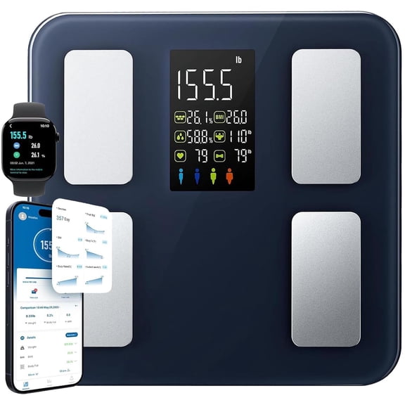 Smart Scale for Body Weight, Bathroom Digital Weighing Scale with Large Display, Metrics with BMI, Body Fat, Heart Rate, Compatible with iOS & Android
