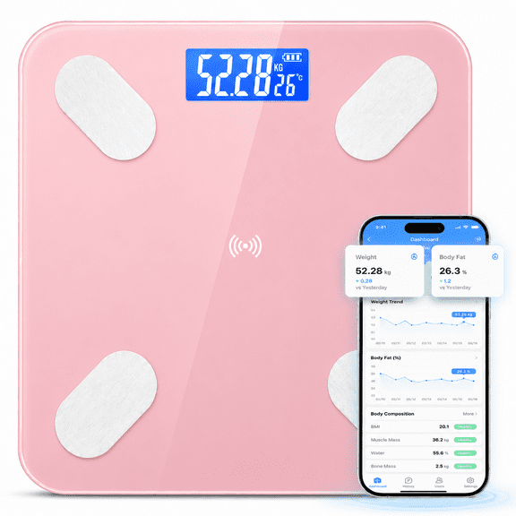 Smart Scale for Body Weight, Digital Bathroom Scale with Body Fat, BMI & Muscle Mass, Bluetooth Body Composition Weight Scale with App Sync, 400 lb Capacity, USB Rechargeable, Pink