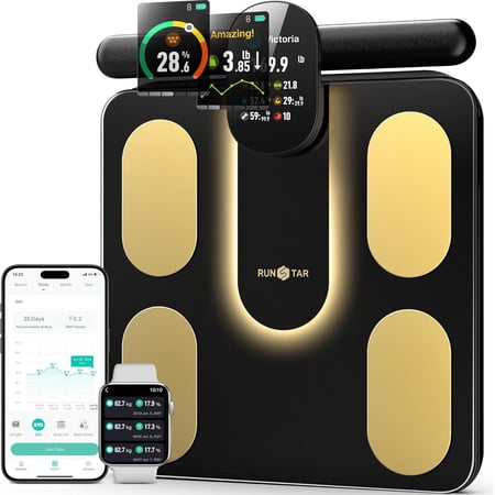 Smart Scale FSA&HSA Eligible, 8 Electrodes Digital Bathroom for Body Weight and Fat, BMI, Muscle Mass 28 Composition Measurement, with Full-Color TFT LCD on Retractable Handle
