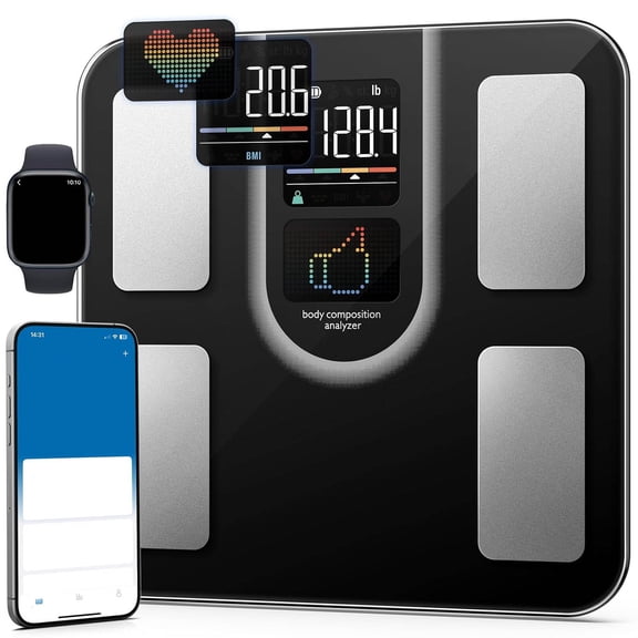Smart Scale with VA Display, Body Metrics, Heart Rate, BMI, Body Fat, Muscle Mass, Compatible with iOS & Android