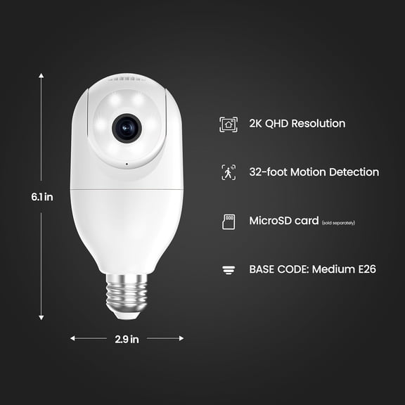 Smart Security Camera Bulb, 2K QHD Resolution, 2-Way Audio, Human Tracking, 350 Pan, Night Vision, Motion Alerts, E26 Base, Alexa/Google Assistant Compatible, CAM/PAN/WIFI/E26/2K