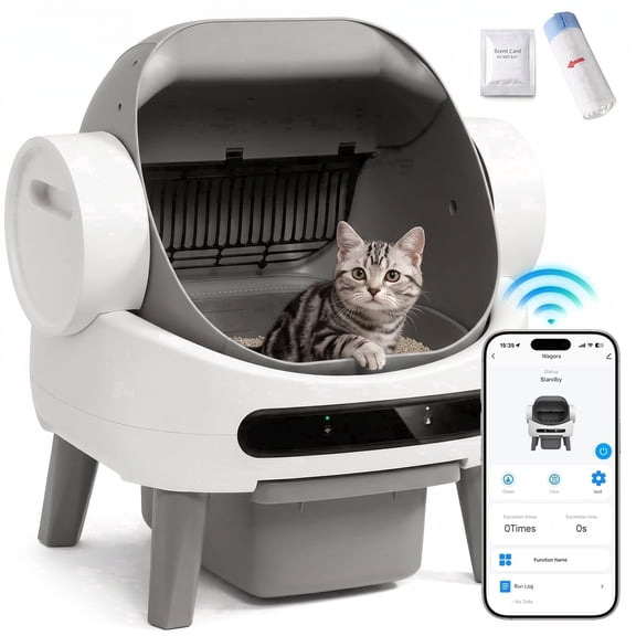 wagora Self-Cleaning Litter Box, App-Controlled with Safety Sensors, Open Top for Large Cats, 8L