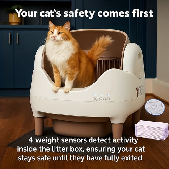 Smart Self-Cleaning Cat Litter Box with App & Automatic Cleaner Suitable for Multi-Cat Households, Large Capacity Open-Top Litter Box with Dual Odor Elimination, Built-in Ambient Light