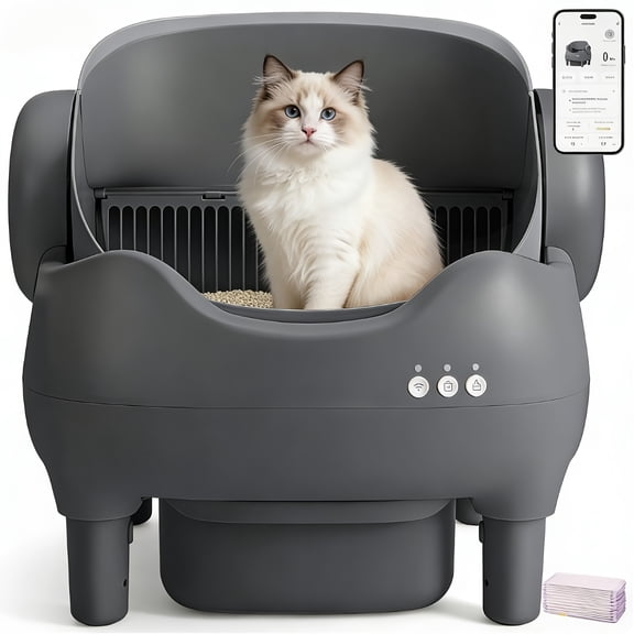 Smart Self-Cleaning Cat Litter Box with App & Automatic Cleaner Suitable for Multi-Cat Households, Large Capacity Open-Top Litter Box with Dual Odor Elimination, Built-in Ambient Light