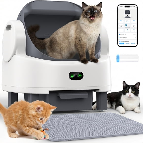 Smart Self-Cleaning Litter Box for Multiple Cats - Automatic Open-Top Cat Litter Box with App Control, 12 Safety Sensors & Odor Control - Includes Litter Liner Bags & Waterproof Litter Mat - White