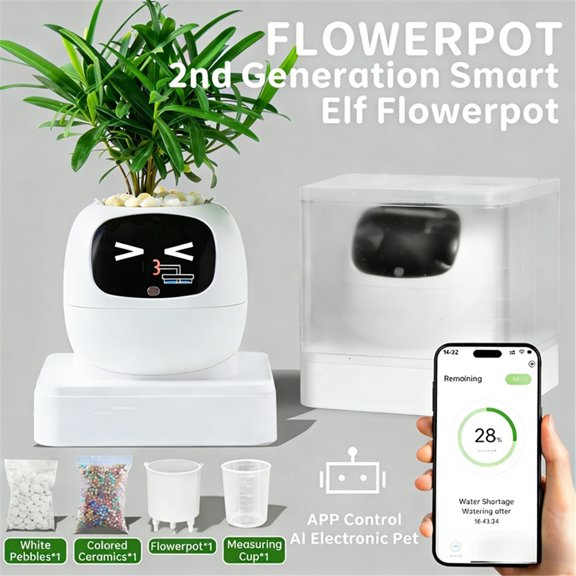 Smart Self-Watering Planter With Smart Sensors, Voice Interaction, Plant Water Monitoring And Expressive Display, USB Rechargeable Indoor Flower Pot For Desk And Home Decor,White