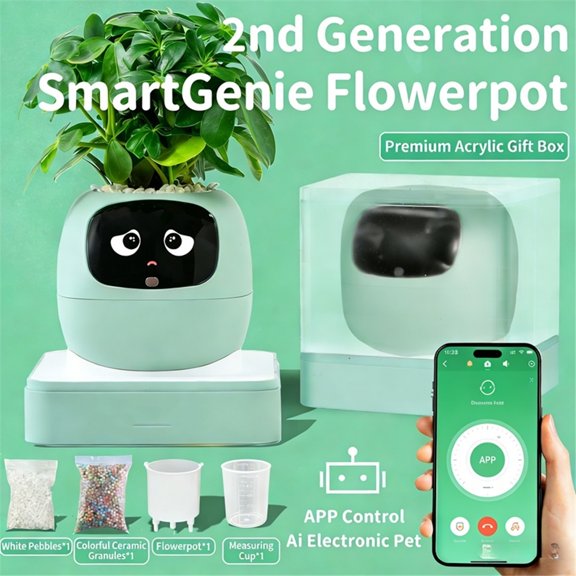 Smart Self-Watering Planter With Smart Sensors, Voice Interaction, Plant Water Monitoring And Expressive Display, USB Rechargeable Indoor Flower Pot For Desk And Home Decor,Green