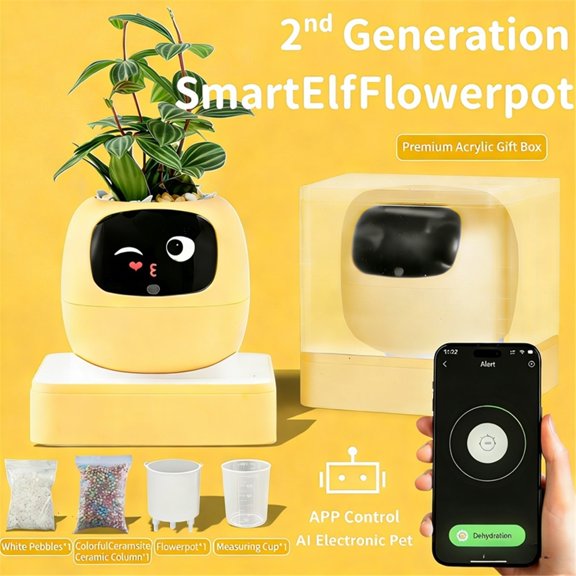 Smart Self-Watering Planter With Smart Sensors, Voice Interaction, Plant Water Monitoring And Expressive Display, USB Rechargeable Indoor Flower Pot For Desk And Home Decor,Yellow