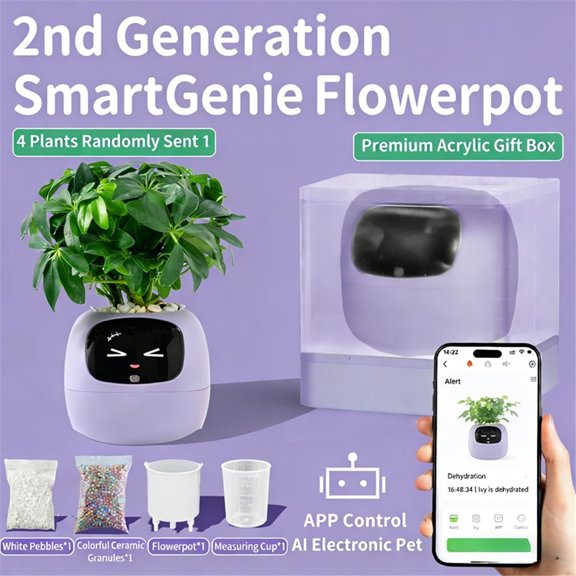Smart Self-Watering Planter With Smart Sensors, Voice Interaction, Plant Water Monitoring And Expressive Display, USB Rechargeable Indoor Flower Pot For Desk And Home Decor,Purple