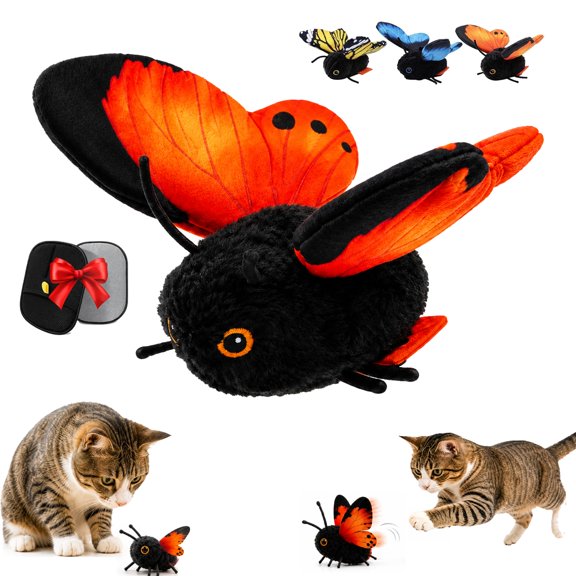 Smart Sensing Flapping Butterfly Toy Interactive Cat, Red | Sensor Triggered Interactive Butterfly Cat Toy, Realistic Wing Motion for Indoor Chase, Exercise, Happy Play & Boredom Relief