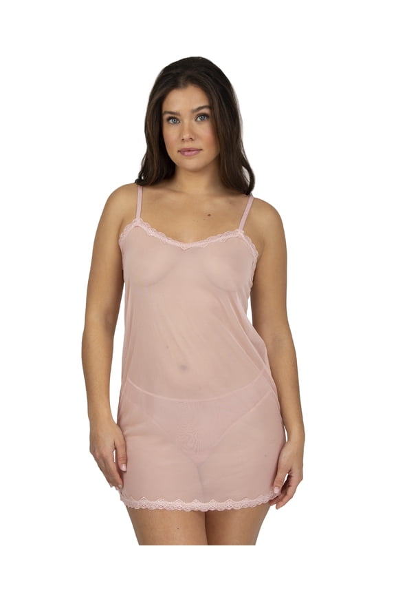 Women's Sheer Mesh & Lace Trim Chemise Lingerie Set