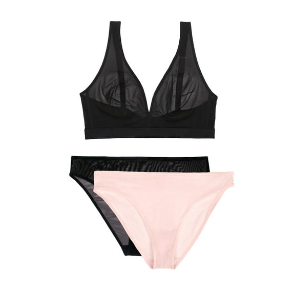 Smart & Sexy Women's Sheer Mesh Plunge Bralette and Matching 2 Pack High Leg Brief Panty Set, SA1518