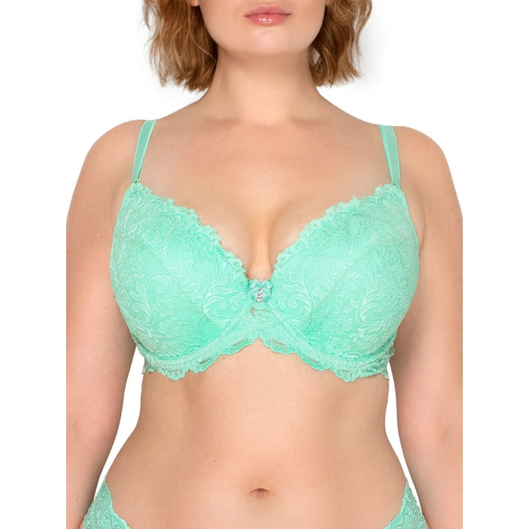 Light Green Lace underwire padded push-up Bra- Bow detail - Size
