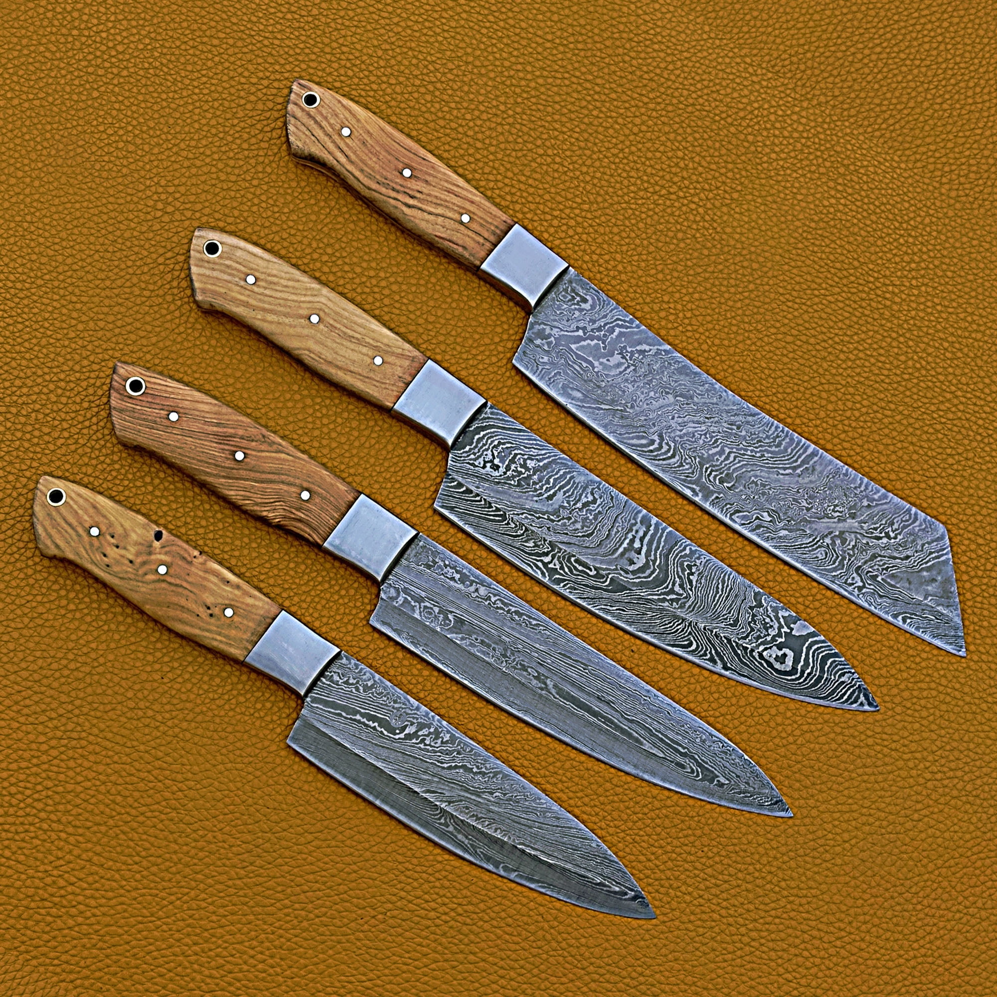 Smart & Sharp Custom Handmade Damascus Chef Knives Set/Kitchen Knives 4 Pieces Set 17408 (Olive Wood)