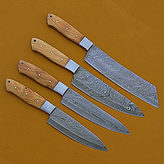 Smart & Sharp Custom Handmade Damascus Chef Knives Set/Kitchen Knives 4 Pieces Set 17408 (Olive Wood)