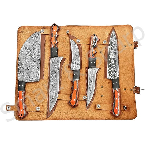 Smart & Sharp Custom Handmade Damascus Chef Knives Set/Kitchen Knives 5 Pieces Set 17211 (Orange)