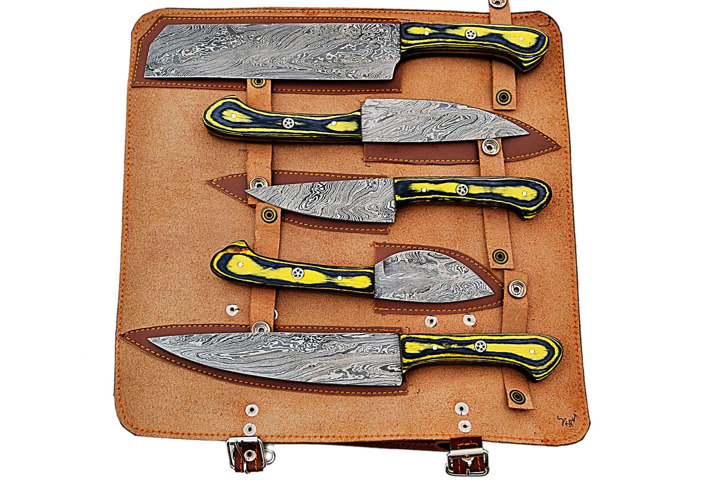 Smart & Sharp Custom Handmade Damascus Chef Knives Set/Kitchen Knives 5 Pieces Set 17306 (Yellow and Black)