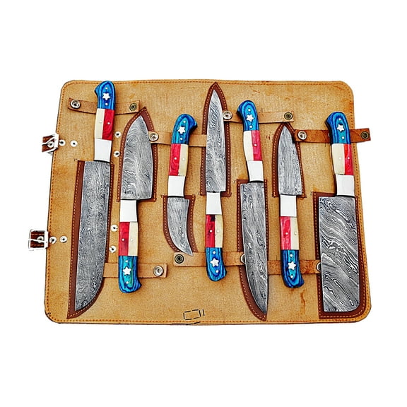 Smart & Sharp Custom Handmade Damascus Chef Knives Set/Kitchen Knives 5 Pieces Set 17309 (Red and Blue Wood)
