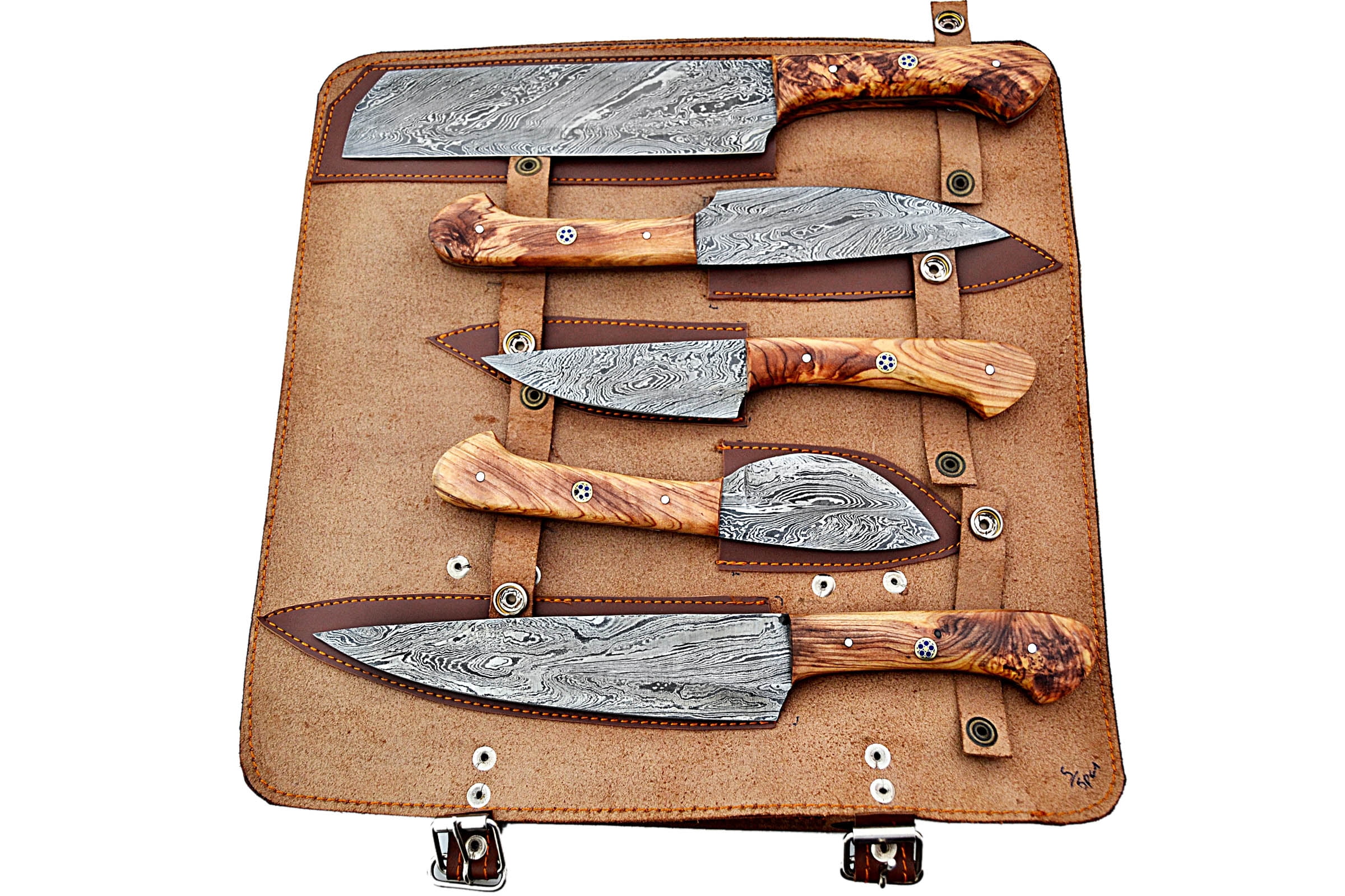 Smart & Sharp Custom Handmade Damascus Chef Knives Set/Kitchen Knives 5 Pieces Set 17324 (Olive wood)