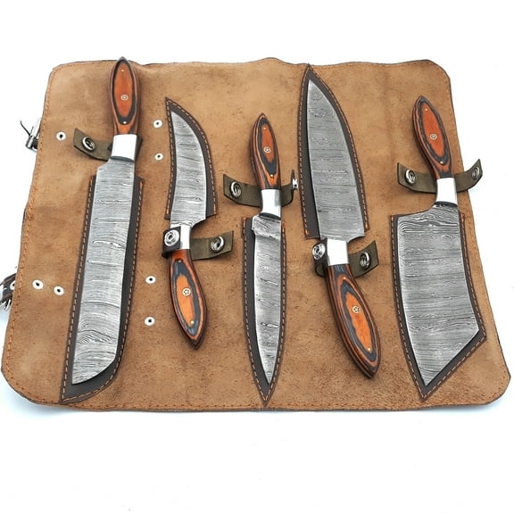 Smart & Sharp Custom Handmade Damascus Chef Knives Set/Kitchen Knives 5 Pieces Set 17471 (Orange)