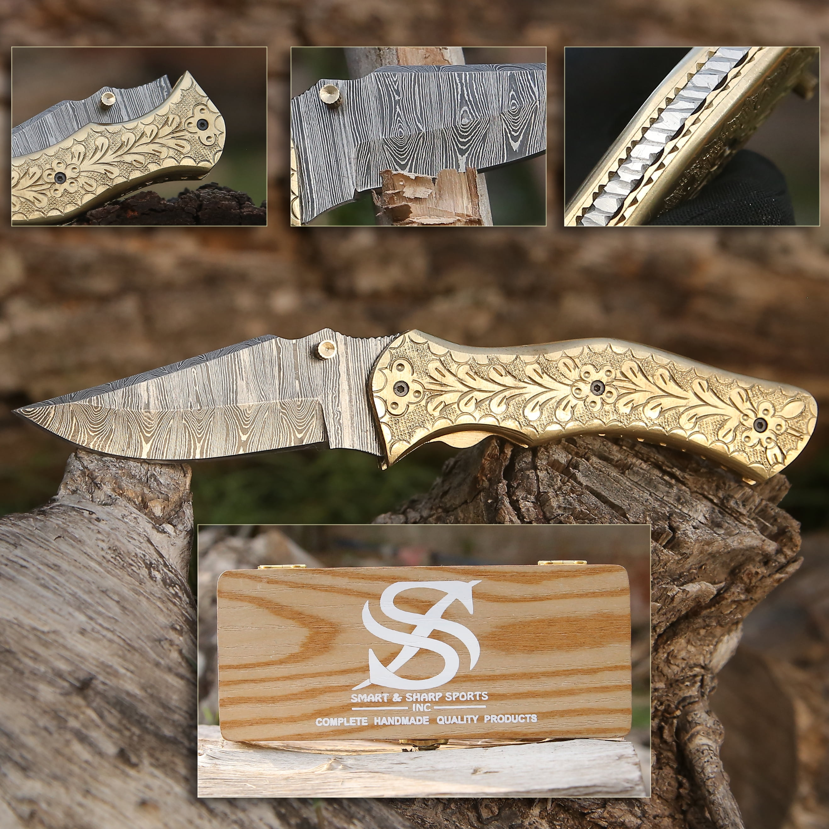 Smart & Sharp Custom Handmade Damascus Steel Fish Knife/Folding Knife/Pocket Knife SS-17513(Brass Engraved Handle)