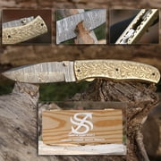 Smart & Sharp Custom Handmade Damascus Steel Fish Knife/Folding Knife/Pocket Knife SS-17514Brass Engraved Handle