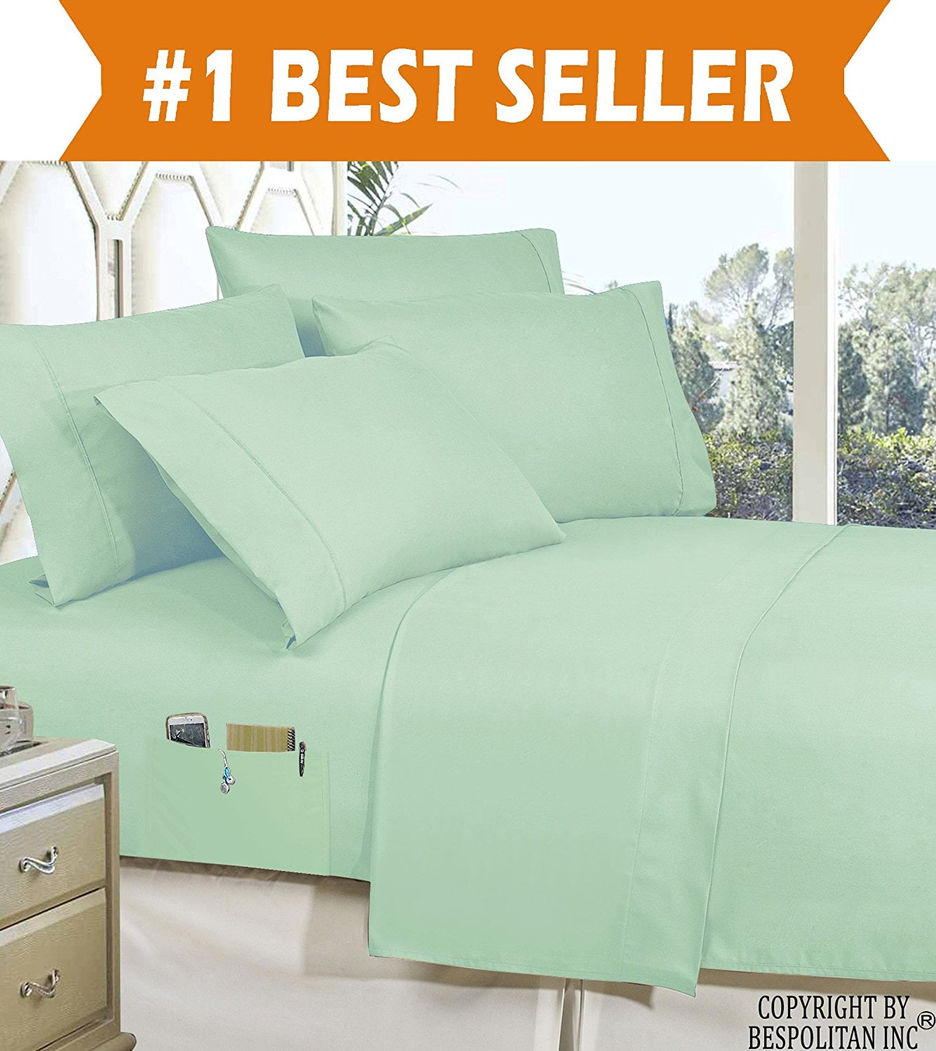 Smart Sheet with Side Storage Pockets on Fitted Sheet Queen Mint Green
