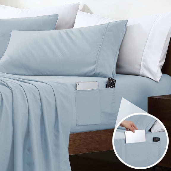 Smart Sheets, Ultra Soft Brushed Microfiber 3-Piece Sheet Set, Fitted Bed Sheet with Side Storage Pockets Blue Fog, Twin XL