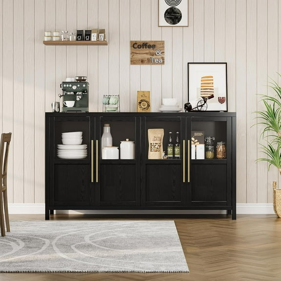 Smart Shopping Starts Here Side Panel Buffet with 4 Glass Doors, 55 Inch (Approx. 139.7 cm) Large Buffet with Storage, Modern Farmhouse Storage Cabinet Table for Kitchen Dining Room,Black
