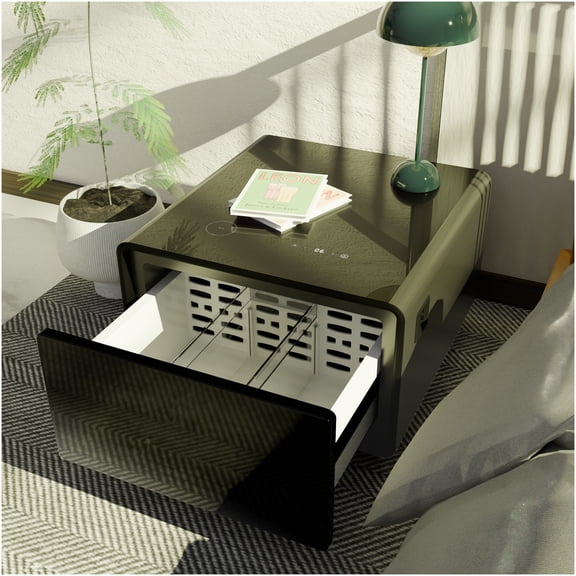 Smart Side Table with Mini Fridge, Wireless Charger, USB Ports, AC Outlets, and Motion Sensor Light for Living Room, Bedroom, Black