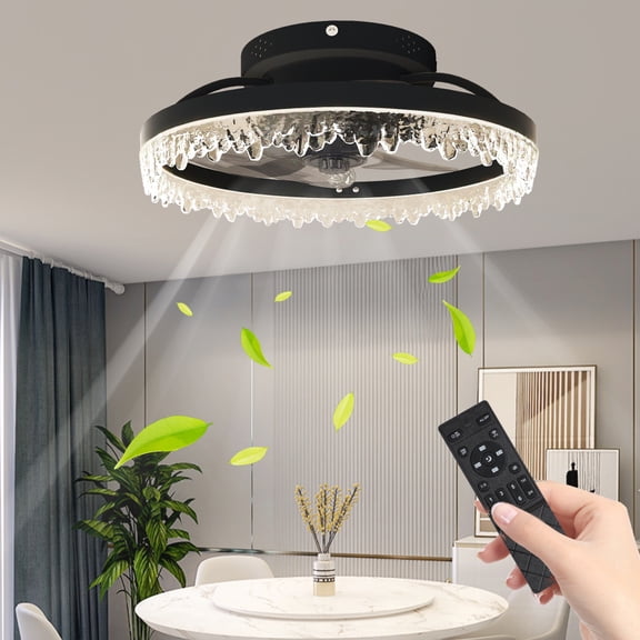 Smart Silent Elegant Black Ceiling Fan with Light  16-inch Flush Mount LED Chandelier with 5 Invisible Blades, Remote Control & Timer, Dimmable Lighting for Bedroom, Living Room, Dining Room