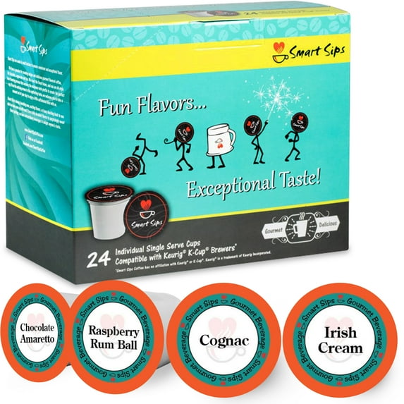 Smart Sips Coffee, Liquor Lovers Variety Pack Coffee Pods, 48 Count, Single-Serve Flavored Coffee Pods- Raspberry Rum Ball, Cognac, Irish Cream, Chocolate Amaretto