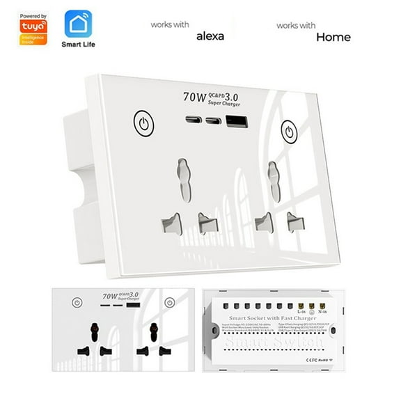 Smart Socket with Fast Charger WiFi+Bluetooth Smart Wall Outlet 2 Sockets+ USB Charging Port Electrical Outlet Switches,1 x Smart Socket with Fast Charger,White