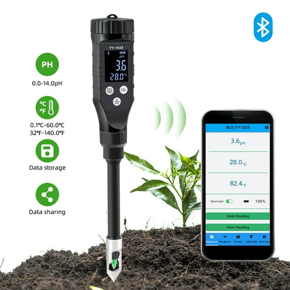 Smart Soil PH Meter, 0.0 ~ 14.0ph, Bluetooth Soil Tester Data Logger, Temperature Acidity Analyzer, For Hydroponic Planting Garden Farmland