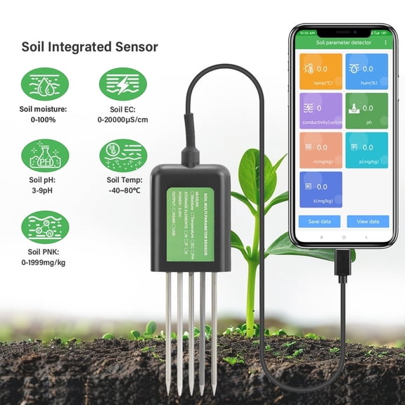 Smart Soil Sensor 5-in-1 NPK EC Moisture Temp pH Meter with APP Data Logger USB Rechargeable Soil Tester for Garden Farm